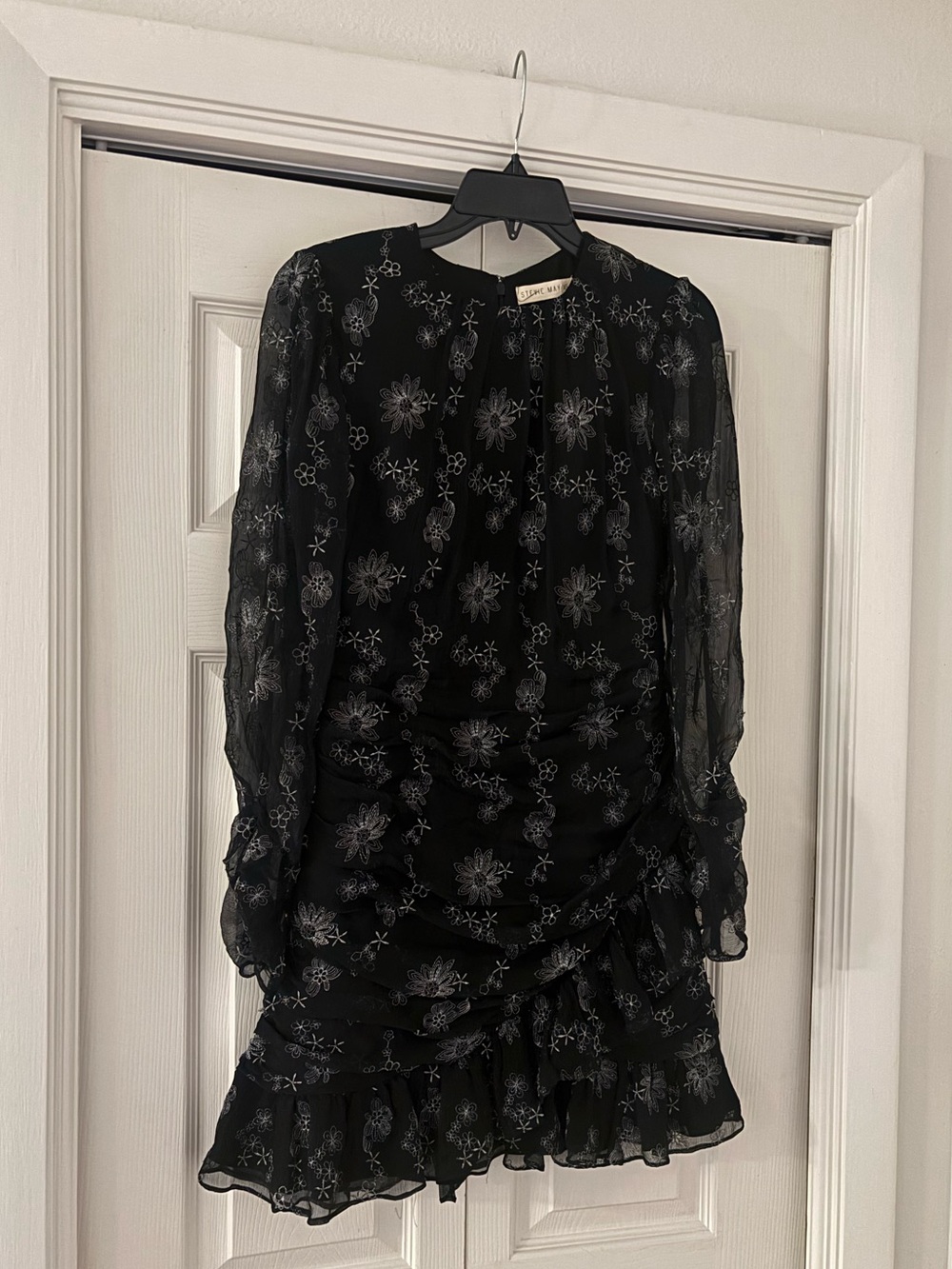 STEVIE MAY Black Long Sleeve Silver Floral Ruffle Ruched Mini Dress - Picture 6 of 15